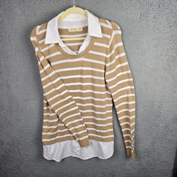 Faded Glory Shirt Sweater Tunic Top L Taupe White Striped Collared Preppy Modern - Picture 12 of 15